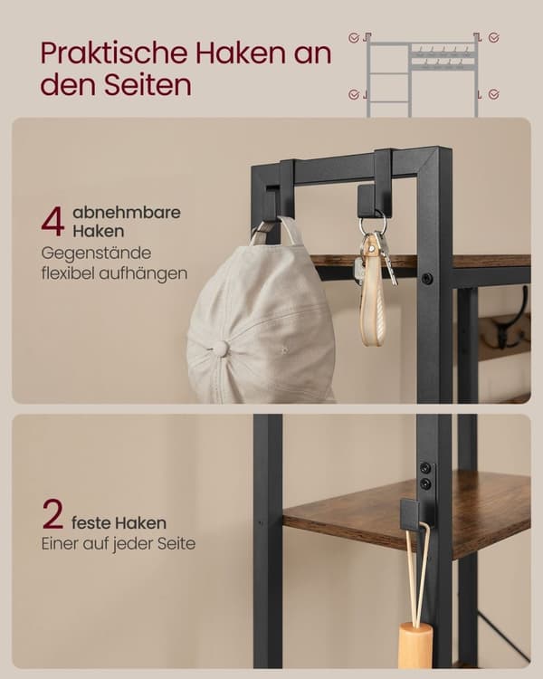 Rootz Vintage ruskea-musta naulakko - sisäänkäynnin järjestäjä - Hall Tree - lastulevy teräs - 40 cm x 120 cm x 190 cm - Raskas - Helppo koota - Tilaa