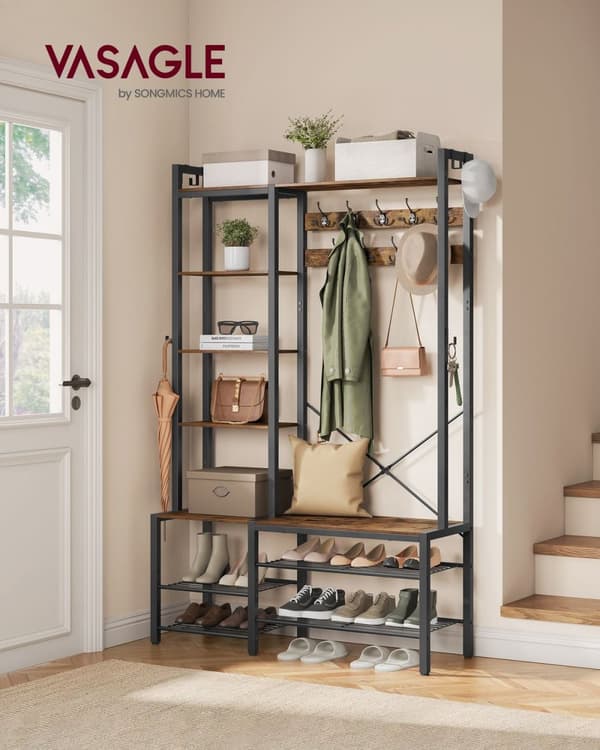 Rootz Vintage ruskea-musta naulakko - sisäänkäynnin järjestäjä - Hall Tree - lastulevy teräs - 40 cm x 120 cm x 190 cm - Raskas - Helppo koota - Tilaa