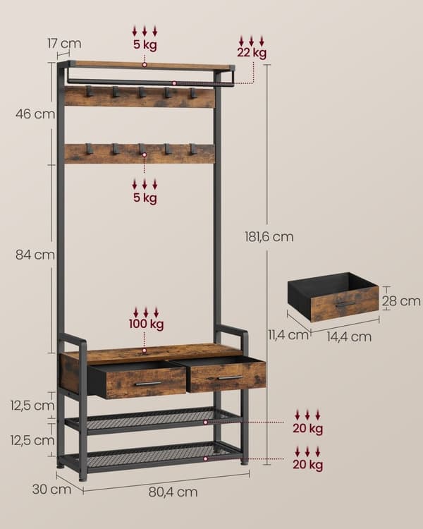 Rootz Vintage ruskea-musta naulakko - sisäänkäynnin järjestäjä - Hall Tree - lastulevy ja teräs - 30 cm x 80,4 cm x 181,6 cm - Heavy Duty - Helppo koo
