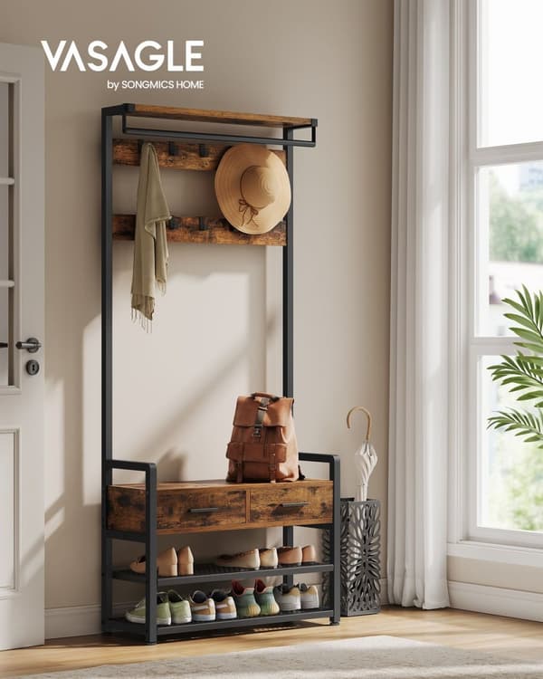 Rootz Vintage ruskea-musta naulakko - sisäänkäynnin järjestäjä - Hall Tree - lastulevy ja teräs - 30 cm x 80,4 cm x 181,6 cm - Heavy Duty - Helppo koo