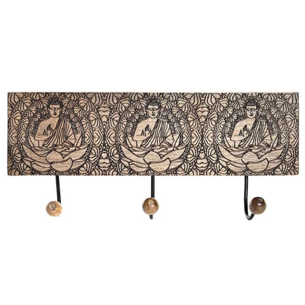 Väggmonterad rockhängare DKD Home Decor Metall Mangoträ Naturell Buddha Orientalisk 38 x 6 x 18 cm