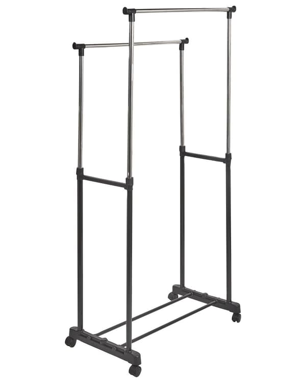 Naulakko musta metalli 75 x 42 x 160 cm 2 vaatetankoa pyörät pohjassa moderni industriaalinen tyyli