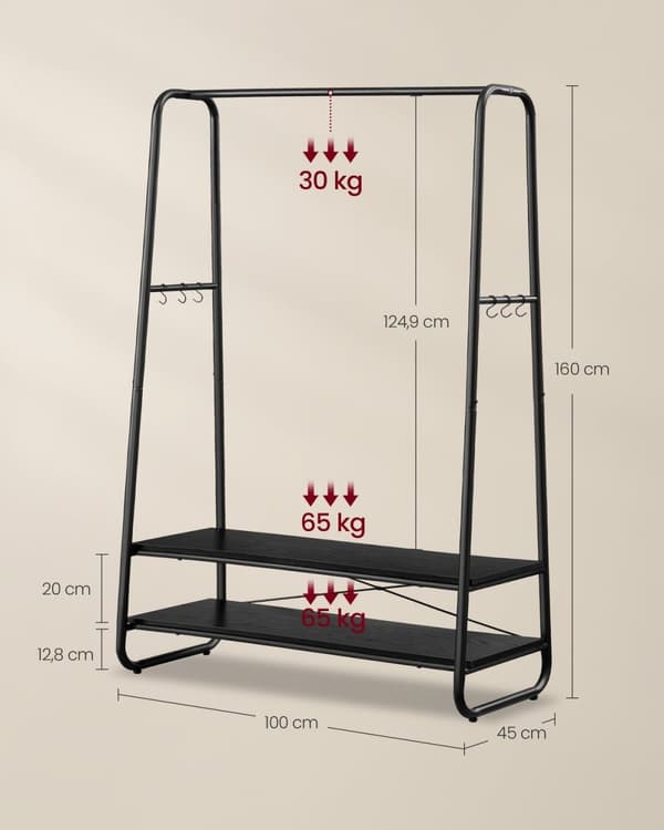 Rootz Tøjstativ - Garderobestativ - Beklædningsgenstand - Spånplade og stål - 45 cm x 100 cm x 160 cm - Ibenholtssort finish - 13,3 kg