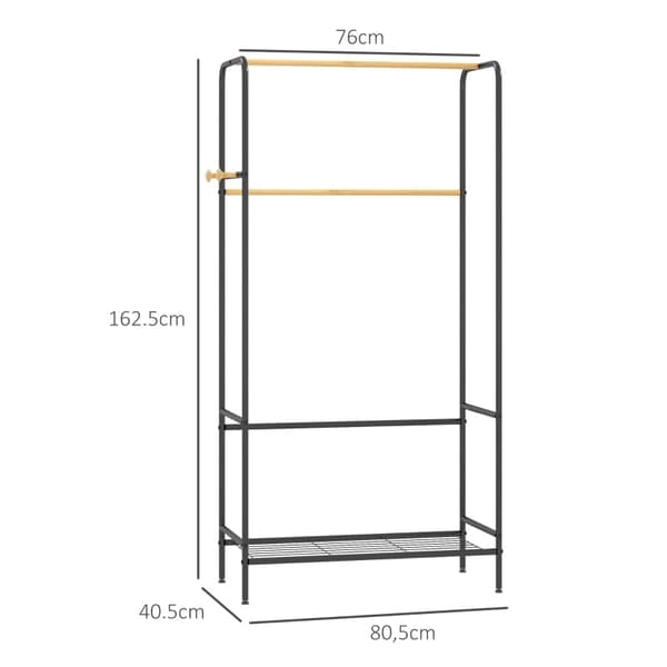 Rootz Tøjstativ - Frakkestativ - Beklædningsstativ - Stålramme - Bambus - 80,5 cm x 40,5 cm x 162,5 cm - Organiser garderobe - 2 skinner - Skohylde