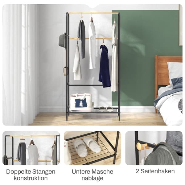 Rootz Tøjstativ - Frakkestativ - Beklædningsstativ - Stålramme - Bambus - 80,5 cm x 40,5 cm x 162,5 cm - Organiser garderobe - 2 skinner - Skohylde