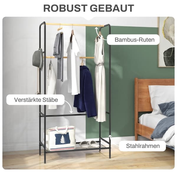 Rootz Tøjstativ - Frakkestativ - Beklædningsstativ - Stålramme - Bambus - 80,5 cm x 40,5 cm x 162,5 cm - Organiser garderobe - 2 skinner - Skohylde
