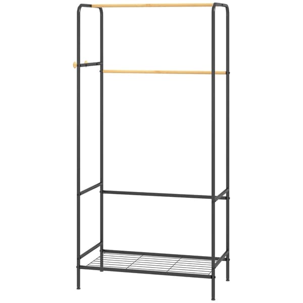 Rootz Tøjstativ - Frakkestativ - Beklædningsstativ - Stålramme - Bambus - 80,5 cm x 40,5 cm x 162,5 cm - Organiser garderobe - 2 skinner - Skohylde