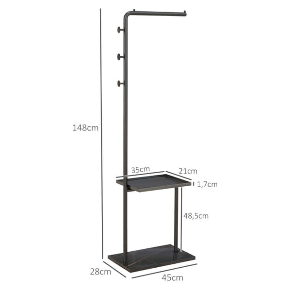 Rootz-takkiteline - Vapaasti seisova naulakko - Vaatetanko - 3 koukkua - Säilytyslokero - Vakaa teräsrakenne - Musta - 45cm x 28cm x 148cm