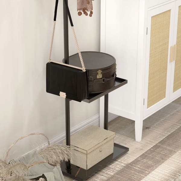 Rootz-takkiteline - Vapaasti seisova naulakko - Vaatetanko - 3 koukkua - Säilytyslokero - Vakaa teräsrakenne - Musta - 45cm x 28cm x 148cm