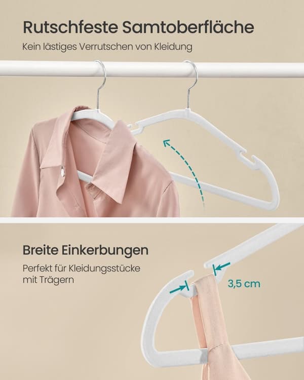 Rootz 50 Pack Velvet Hangers - Skab Organizer - Pladsbesparende - Skridsikret design - 43 cm x 21 cm - Cloud White