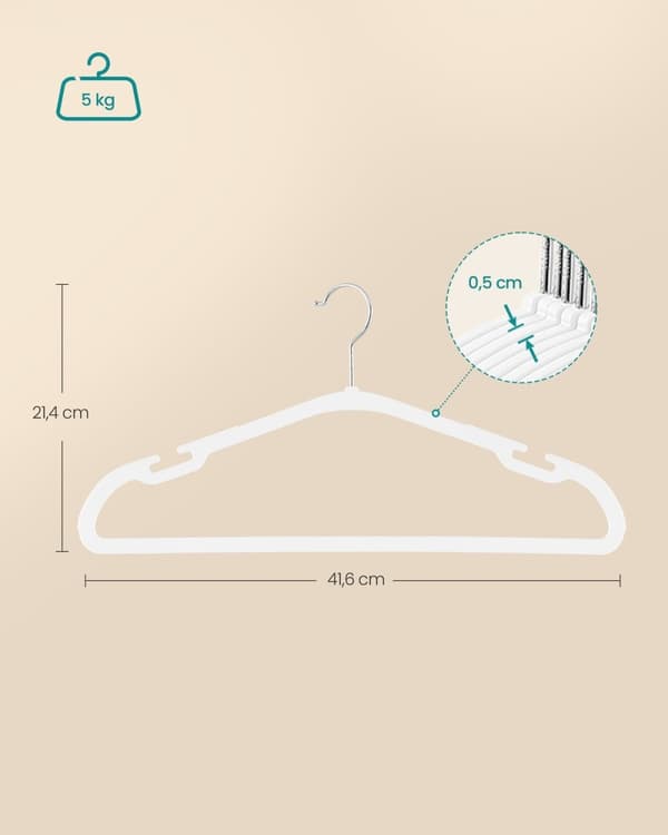Rootz 50-pak plastik bøjlesæt - Roterende kroge - Cloud White - ABS-materiale - Metalkrog - 41,6 cm x 21,4 cm - 5 kg Kapacitet