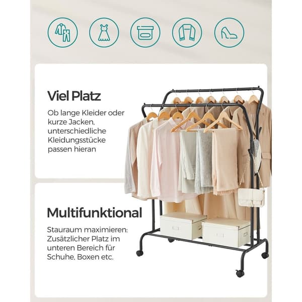 Rootz-vaateteline – Siirrettävä vaateteline – Vaatteiden järjestäjä – Musta teräsrunko – 120cm x 45cm x 160cm