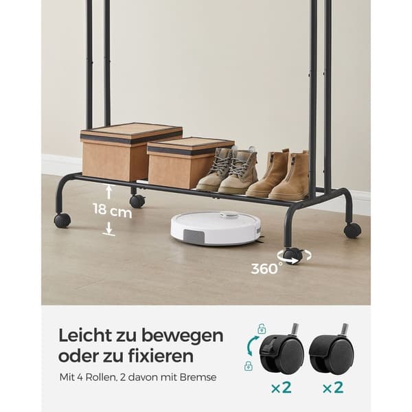 Rootz-vaateteline – Siirrettävä vaateteline – Vaatteiden järjestäjä – Musta teräsrunko – 120cm x 45cm x 160cm