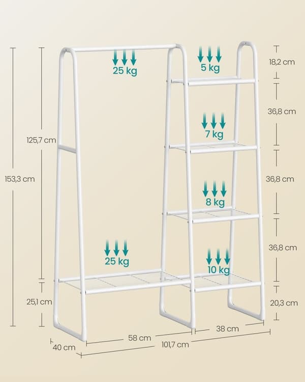 Rootz-vaateteline - Vaateteline - Säilytysteline - Teräsrunko - Pilvivalkoinen - 40cm x 101,7cm x 153,3cm - Kapasiteetti 70kg