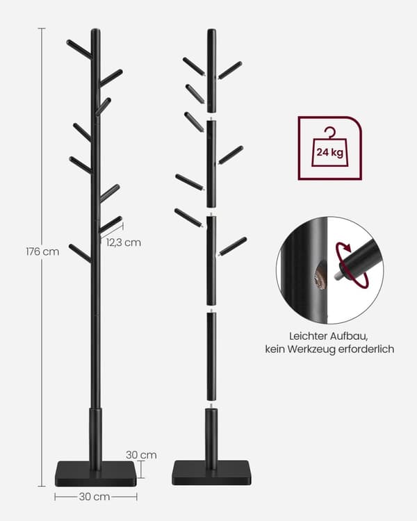 Rootz Coat Stand Tree - Hattuteline - 8 koukkua - Massiivipuu - MDF-pohja - Pilvivalkoinen - Muste musta - 30cm x 30cm x 175cm. Staattinen kuorma: 24