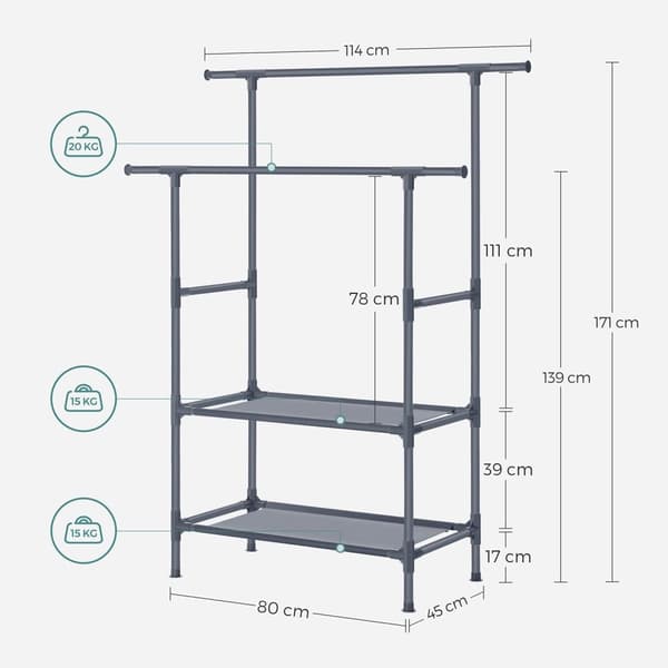 Rootz Klädställ - Klädställ - Enkel montering - Metallram - Vit - 114 cm x 45 cm x 171 cm - 3 kg - 70 kg Lastkapacitet