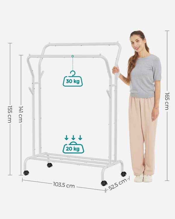 Rootz Tøjstativ med hjul - Beklædningsstativ - Rullestativ - 2-lags - Hvid - 90cm x 40cm x 160cm