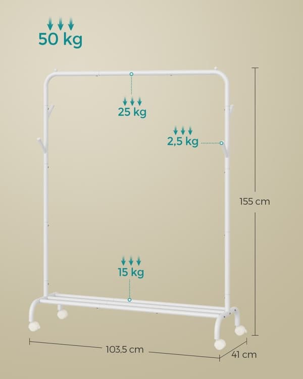 Rootz Rolling Vaateteline - Vaatekaapin järjestäjä - Kannettava vaateteline - Teräsrunko - 41cm x 103,5cm x 155cm