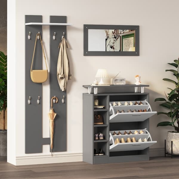 Rootz väggmonterad klädhängare - Entréorganisatör - Platssnål förvaring - 80x25x96,5cm Skoskåp - 8 krokar - Spegel 80x40cm - Antracitgrå