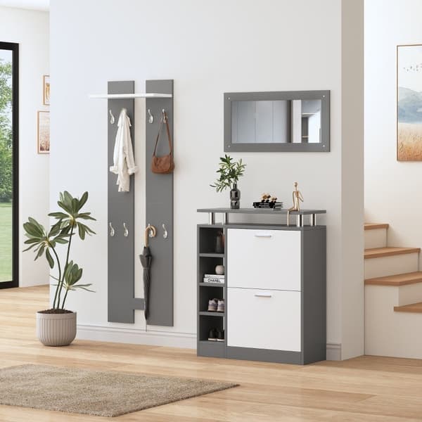 Rootz väggmonterad klädhängare - Entréorganisatör - Platssnål förvaring - 80x25x96,5cm Skoskåp - 8 krokar - Spegel 80x40cm - Antracitgrå