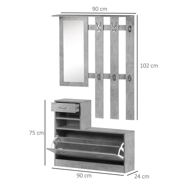 Rootz 3 -i -1 indgangsmøbler sæt - Garderobe sæt - Hallway Organizer - Shoe Storage & Mirror - Betongrå - 90x24x102 cm