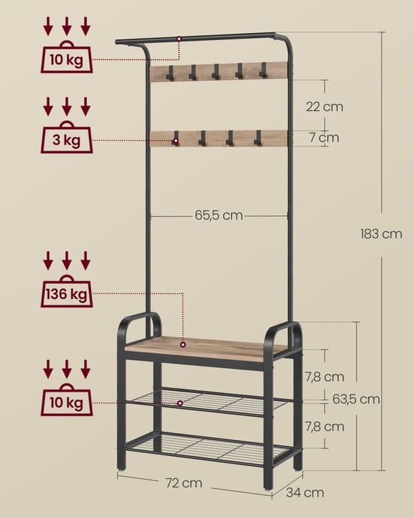 Vaateripustin penkillä, VASAGLE, 33,7x72x183 cm, Kamelinruskea