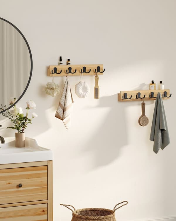 Væg-garderobe, Væg-reol, SONGMICS, 4 Dobbeltkroge, 40x7 cm, Naturbeige.