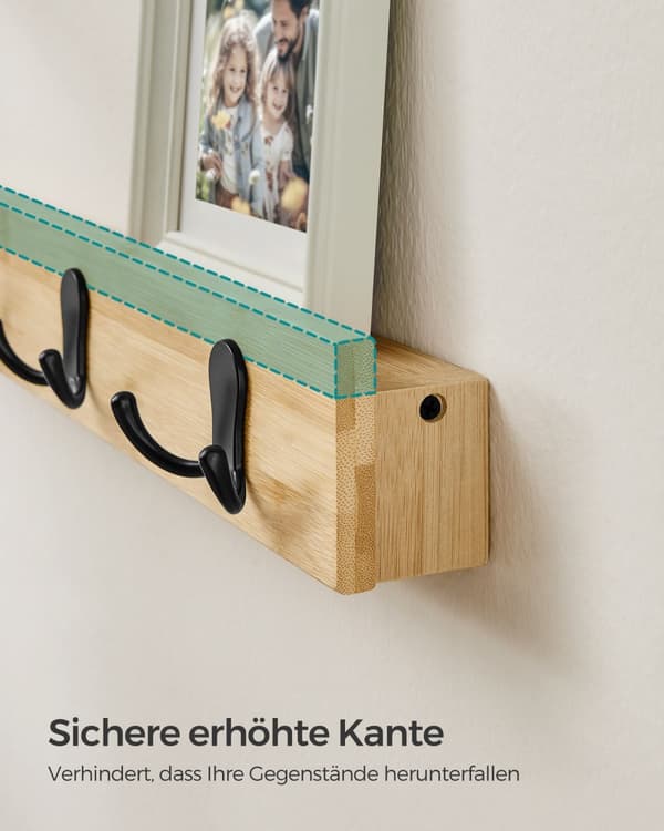 Væg-garderobe, Væg-reol, SONGMICS, 4 Dobbeltkroge, 40x7 cm, Naturbeige.