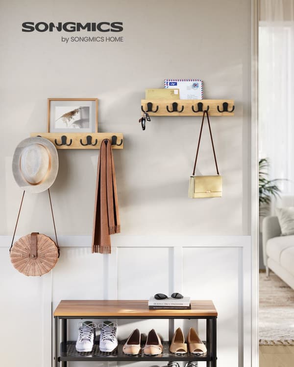 Væg-garderobe, Væg-reol, SONGMICS, 4 Dobbeltkroge, 40x7 cm, Naturbeige.