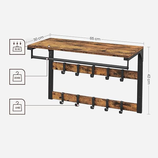 Væg-garderobe, skobænk, væghylde, metalramme, industri-design.