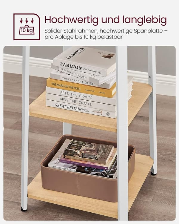 Garderobestativ, Tøjstativ, Garderobe med 8 dobbelte kroge, 4 hylder, tøjstang, metalramme, Egefarvet-Hvid.