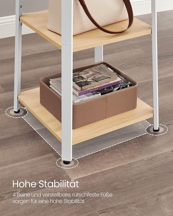 Garderobestativ, Tøjstativ, Garderobe med 8 dobbelte kroge, 4 hylder, tøjstang, metalramme, Egefarvet-Hvid.