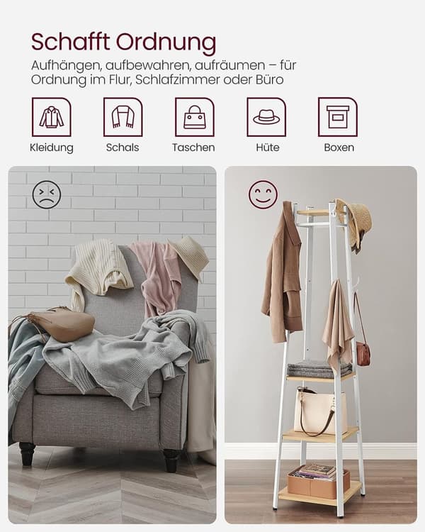 Garderobestativ, Tøjstativ, Garderobe med 8 dobbelte kroge, 4 hylder, tøjstang, metalramme, Egefarvet-Hvid.