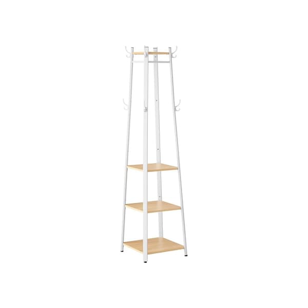 Garderobestativ, Tøjstativ, Garderobe med 8 dobbelte kroge, 4 hylder, tøjstang, metalramme, Egefarvet-Hvid.