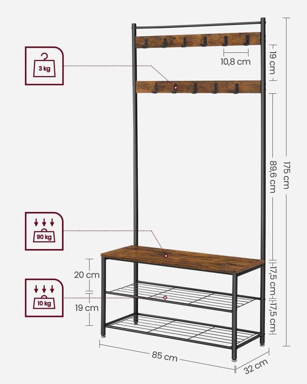 Garderobestativ, VASAGLE, 32x85x175 cm, Brun-Sort