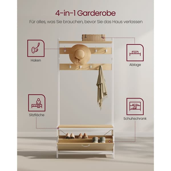 Garderobestativ, VASAGLE, 30x85x180 cm, Egefarvet-Hvid.