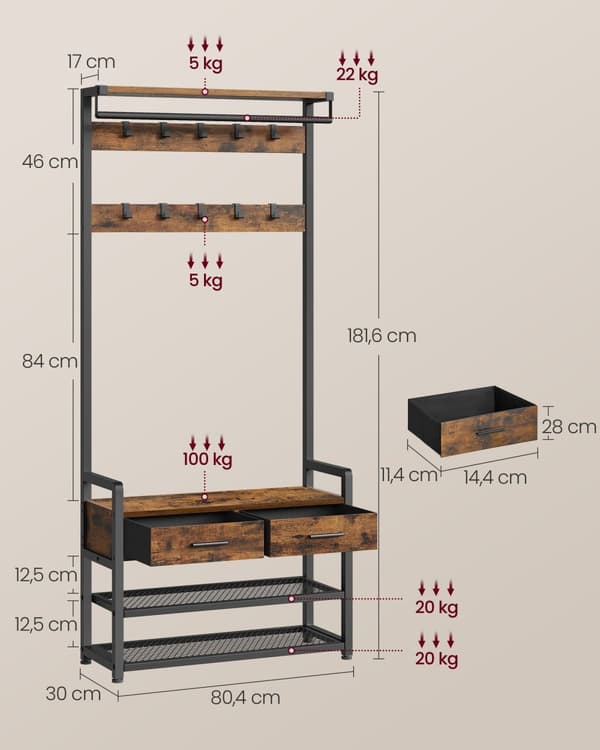 Garderobsställning, VASAGLE, 30x80,4x181,6 cm, Vintagebrun.
