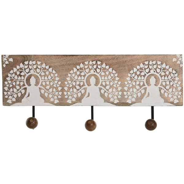 Vegghengt klehenger Home ESPRIT Hvit Svart Naturell Metall Treverk av mangotre Buddha 38 x 5 x 16 cm