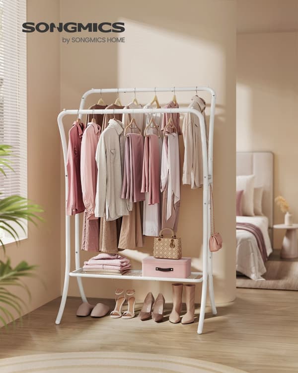 Tøjstativ, tøjstang, 2 garderobestænger, garderobestativ, garderobe i metal, hylde, skyhvid.
