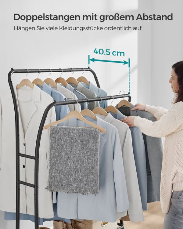 Tøjstativ, Tøjstang, 2 Garderobestænger, Garderobestativ, Garderobe af metal, 6 kroge, hylde, 46x100x155 cm, Blæksort