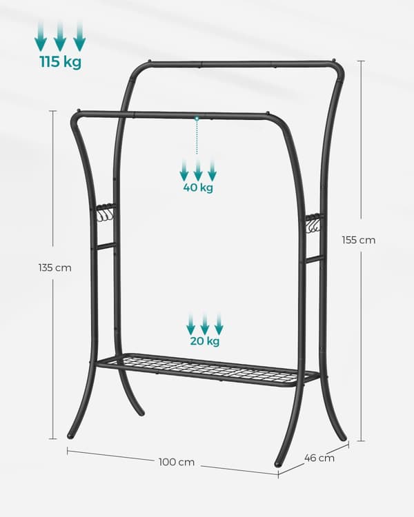 Tøjstativ, Tøjstang, 2 Garderobestænger, Garderobestativ, Garderobe af metal, 6 kroge, hylde, 46x100x155 cm, Blæksort
