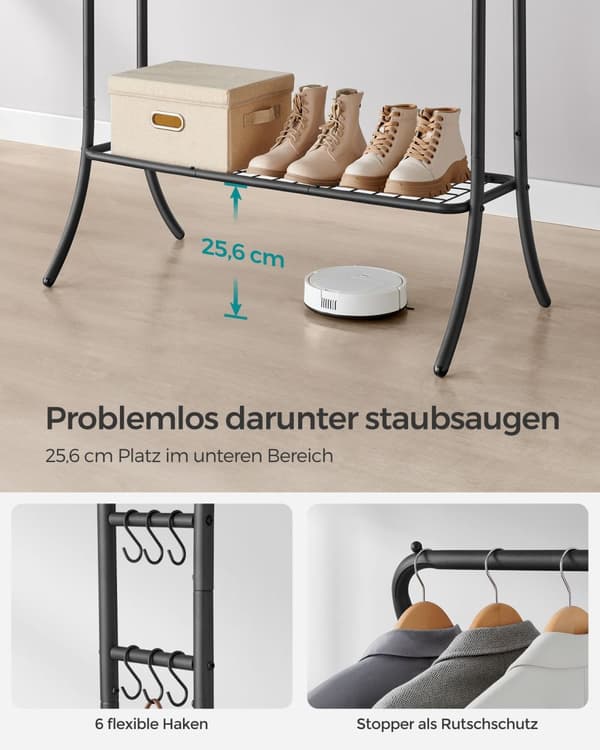 Tøjstativ, Tøjstang, 2 Garderobestænger, Garderobestativ, Garderobe af metal, 6 kroge, hylde, 46x100x155 cm, Blæksort