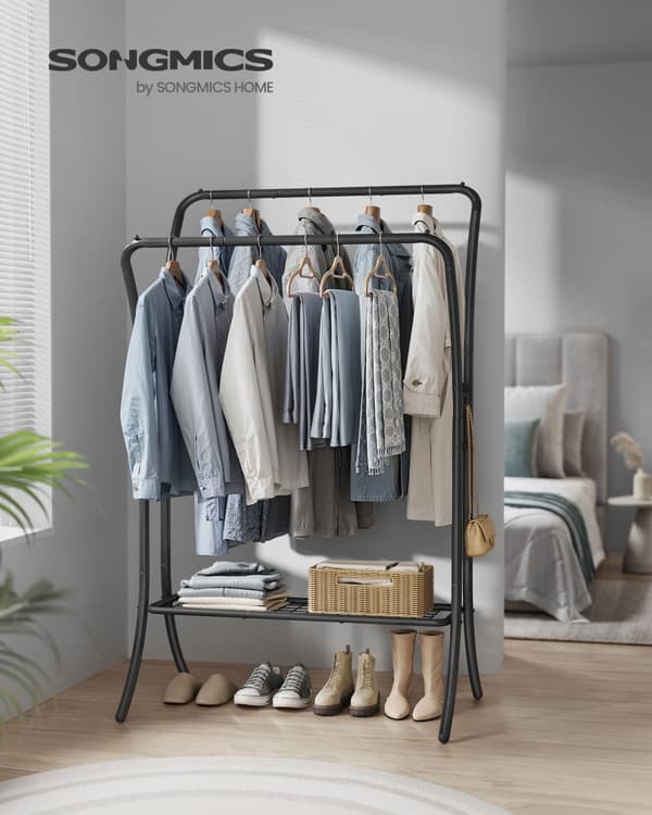 Tøjstativ, Tøjstang, 2 Garderobestænger, Garderobestativ, Garderobe af metal, 6 kroge, hylde, 46x100x155 cm, Blæksort