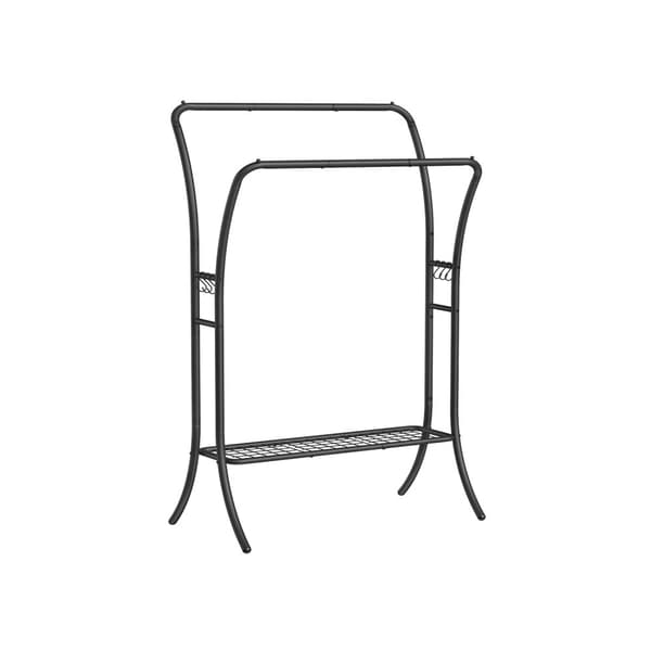 Tøjstativ, Tøjstang, 2 Garderobestænger, Garderobestativ, Garderobe af metal, 6 kroge, hylde, 46x100x155 cm, Blæksort