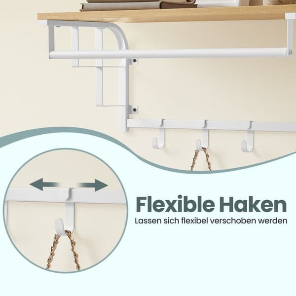 Vægknagerække med hylde, VASAGLE LCR012B02, 30x66x27 cm, Eg Hvid