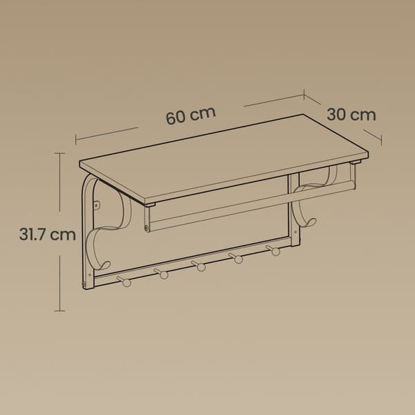 Vægknagerække med hylde, VASAGLE LCR11BX, 60x30x31.7 cm, Eg Hvid