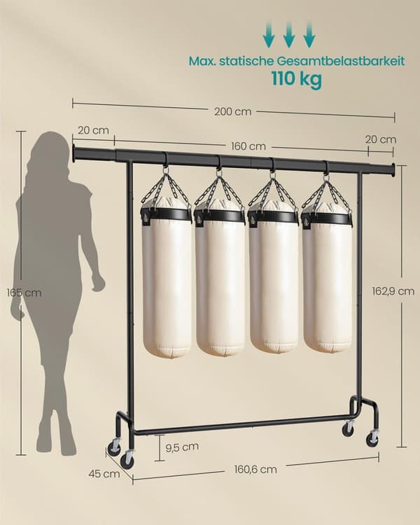 Klädställning, SONGMICS HSR176E01, 45x(160-200)x162.9 cm, Mattsvart