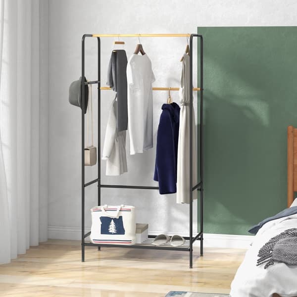 Bambu svart klädhängare, klädhängare med 2 klädstänger och ställningar, kostymhängare med krokar i sovrum och hall