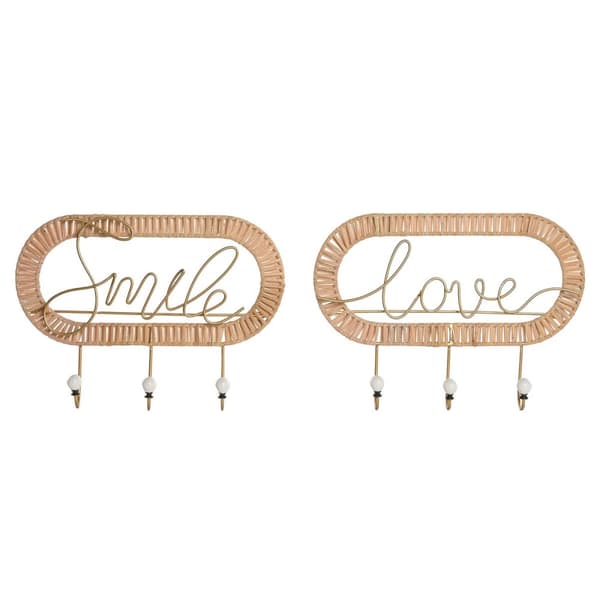 Knagerække til væggen Home ESPRIT Gylden Natur Metal Spanskrør 40 x 6,4 x 28,6 cm (2 enheder)