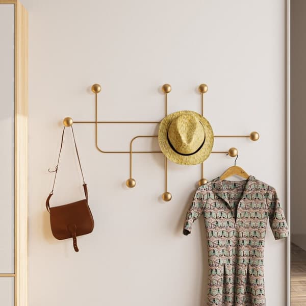 Porte manteaux mural 9 patères en métal doré H64 cm - SAMARA